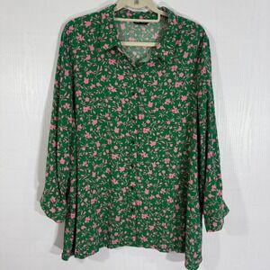 Splash Women's US‎ 18  XL Green Pink Floral Long Sleeve Button Down Shirt Top